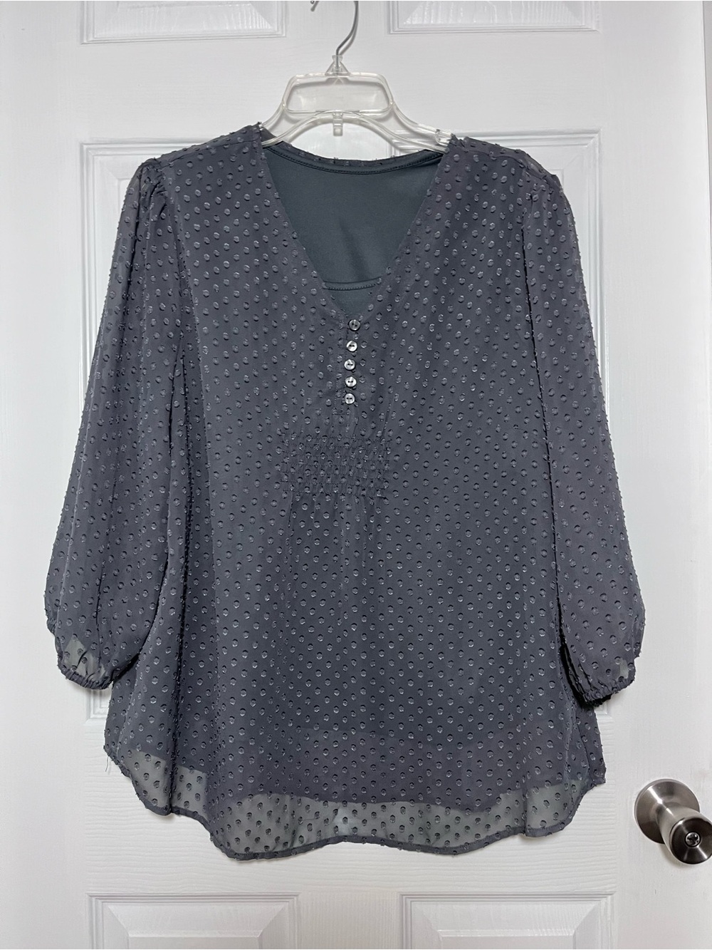 NorthStyle Charcoal Dot-Texture V-Neck Button Blouse